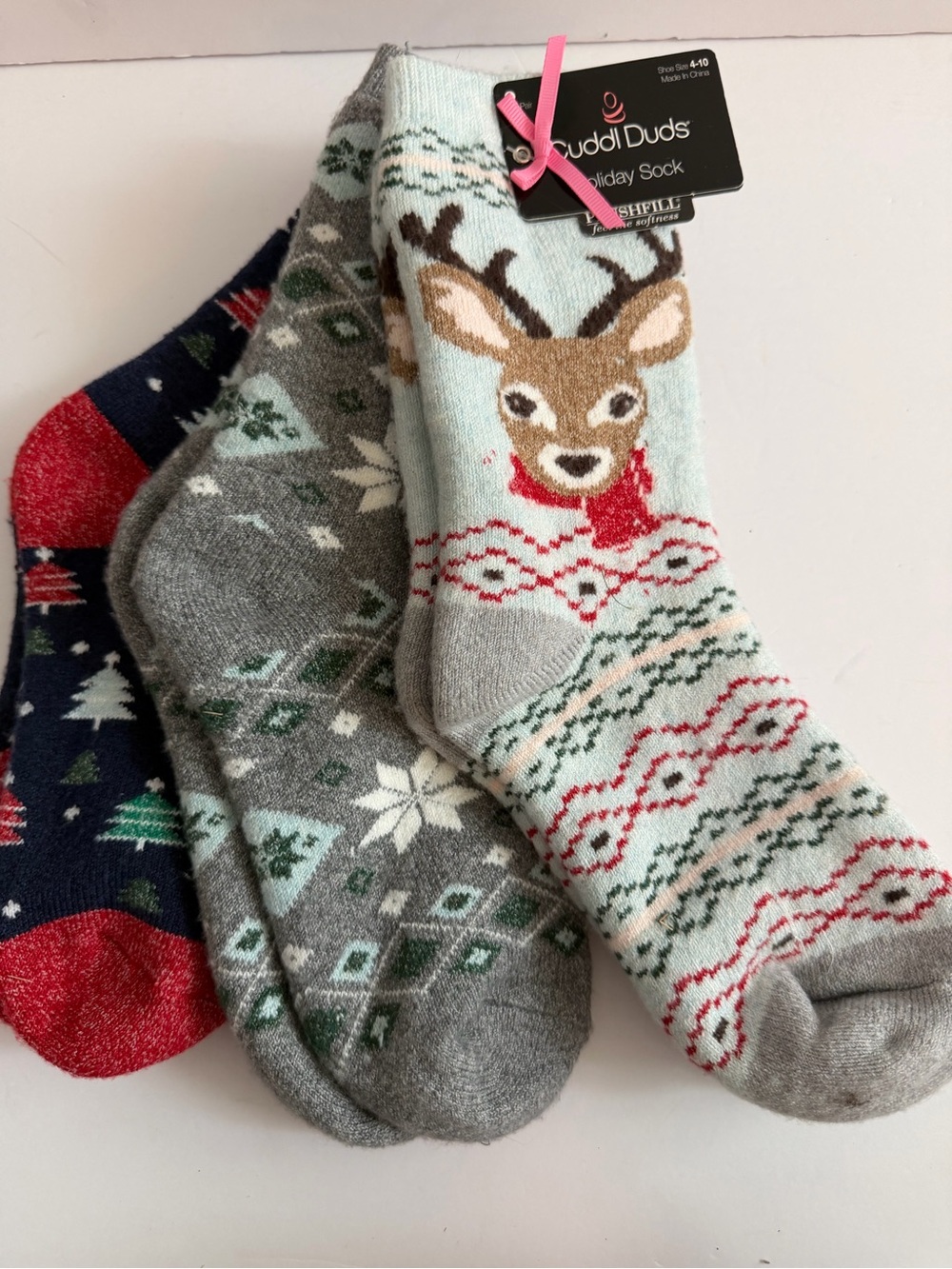 Cuddl Duds Women's Plushfill Crew Super Soft Holiday Sock, 3-Pack - Reindeer